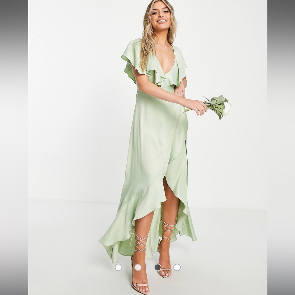 Topshop bridesmaid satin frill wrap dress in sage US size 0 (NWT)